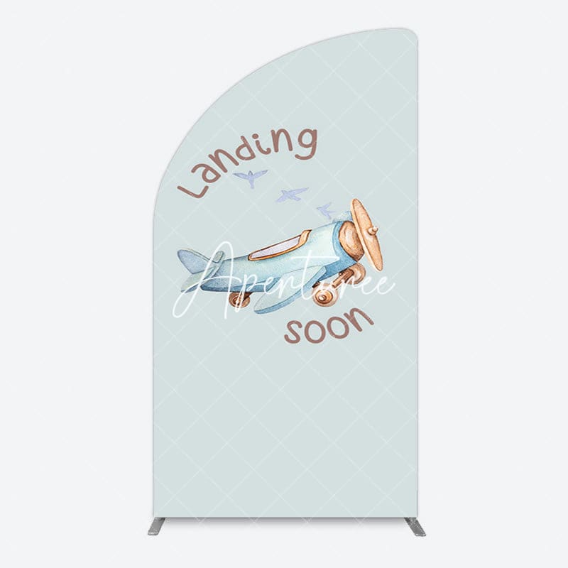 Aperturee - Aperturee Blue Airplane Landing Soon Baby Shower Half Moon Arch Backdrop