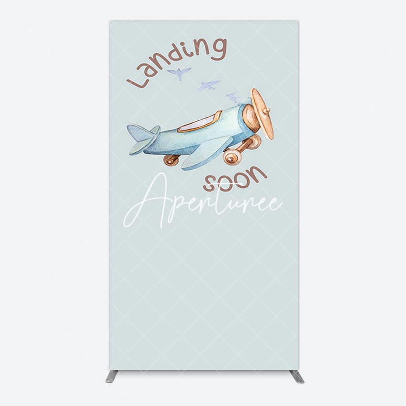 Aperturee - Aperturee Blue Airplane Landing Soon Baby Shower Rectangle Backdrop