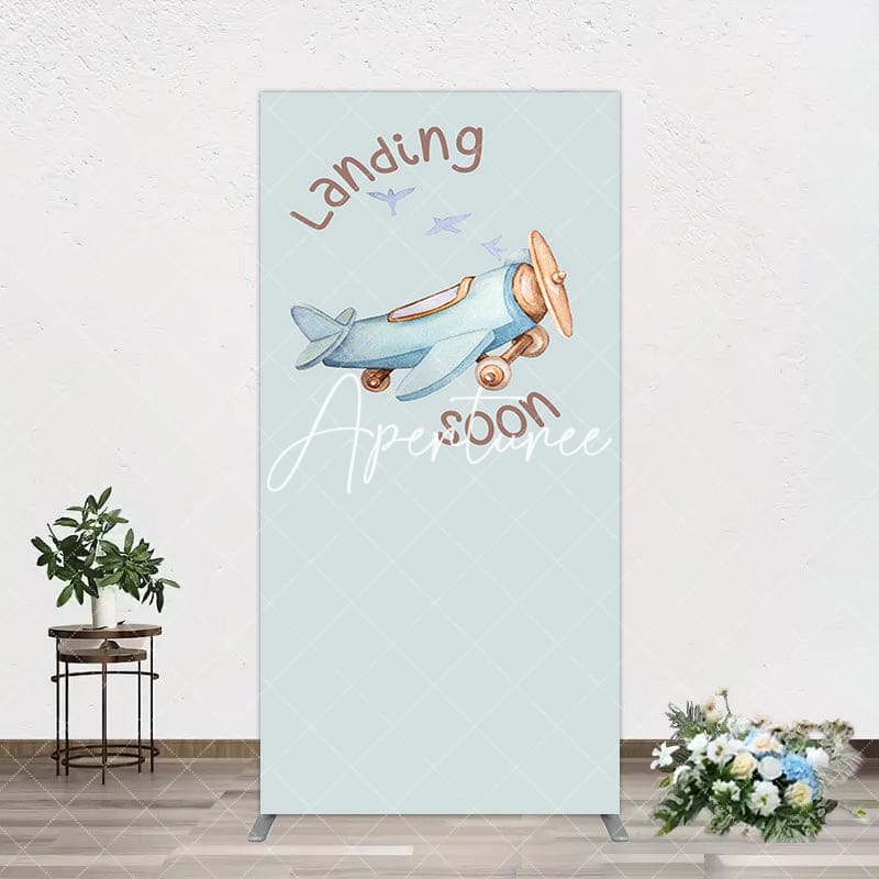 Aperturee - Aperturee Blue Airplane Landing Soon Baby Shower Rectangle Backdrop