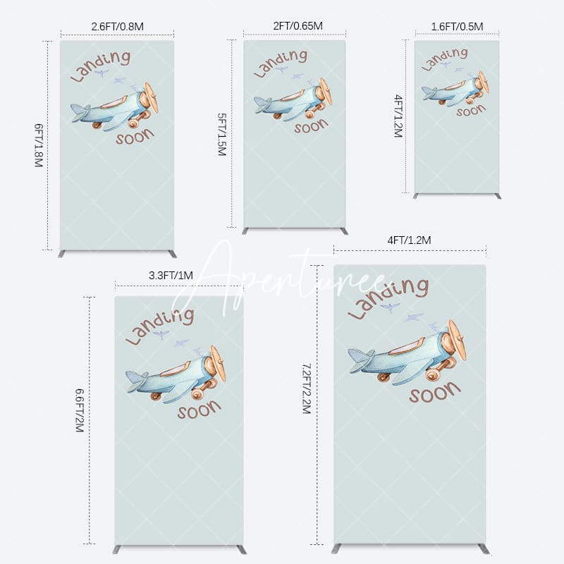 Aperturee - Aperturee Blue Airplane Landing Soon Baby Shower Rectangle Backdrop