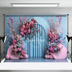 Aperturee - Aperturee Blue Artist Wall Pink Floral Wedding Photo Backdrop