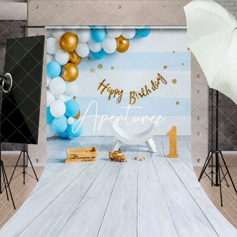 Aperturee - Aperturee Blue Balloon 1St Birthday Happy Sweep Photo Backdrop