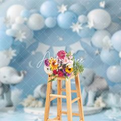 Aperturee - Aperturee Blue Balloon Arch Cute Elephant Cake Smash Backdrop