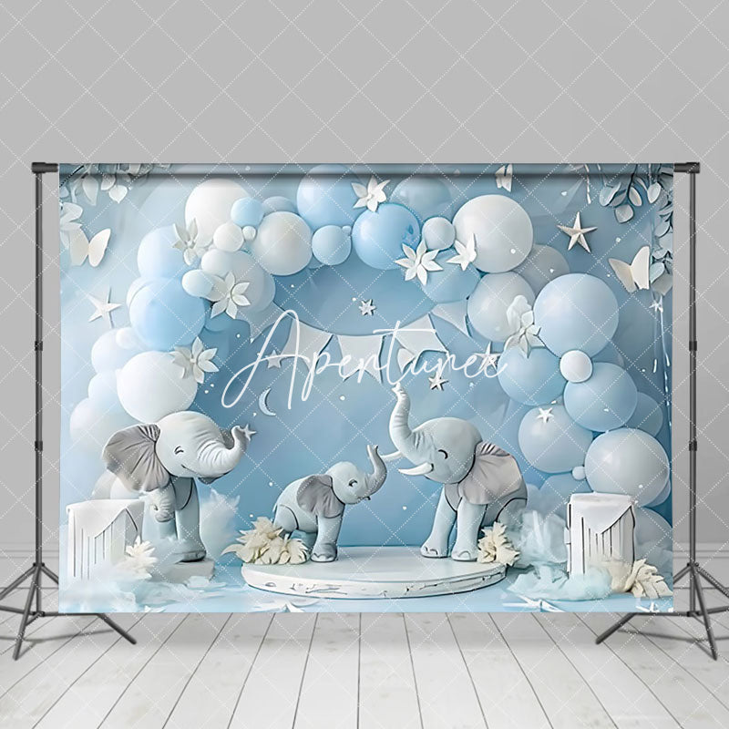 Aperturee - Aperturee Blue Balloon Arch Cute Elephant Cake Smash Backdrop