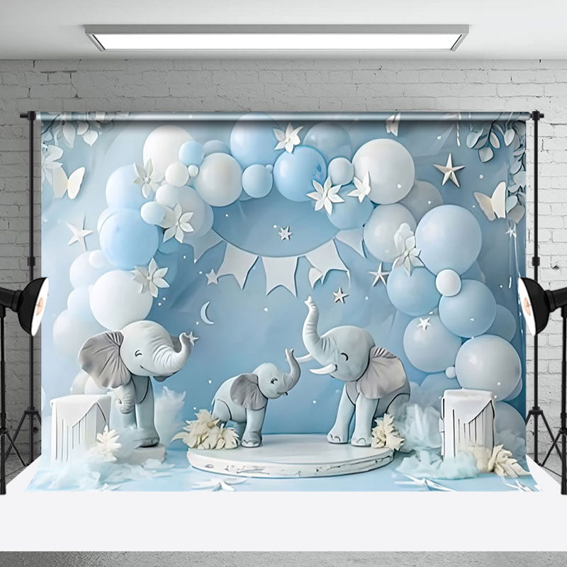 Aperturee - Aperturee Blue Balloon Arch Cute Elephant Cake Smash Backdrop