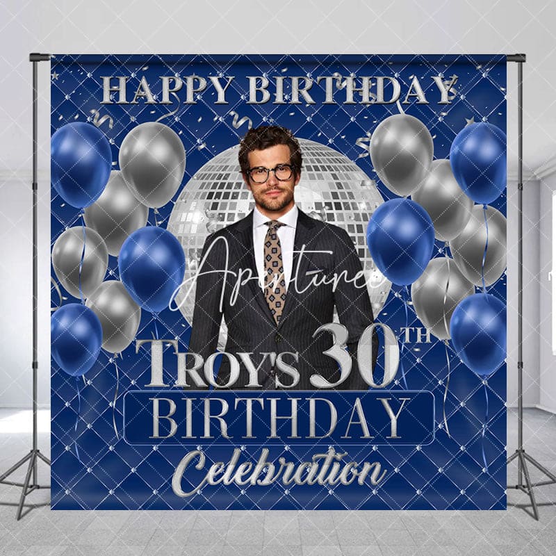 Aperturee - Aperturee Blue Balloon Custom Photo Name 30th Birthday Backdrop