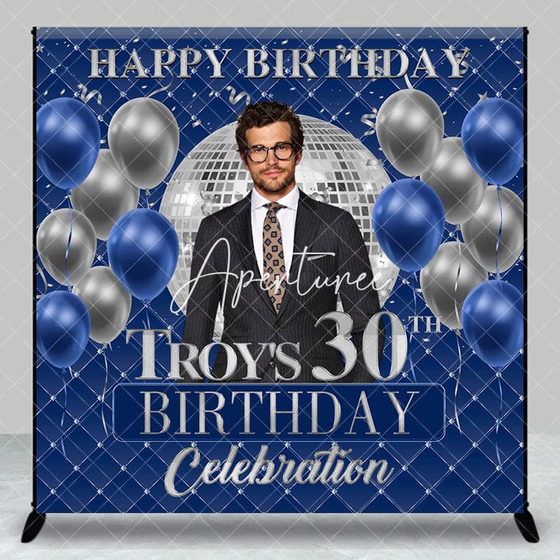 Aperturee - Aperturee Blue Balloon Custom Photo Name 30th Birthday Backdrop