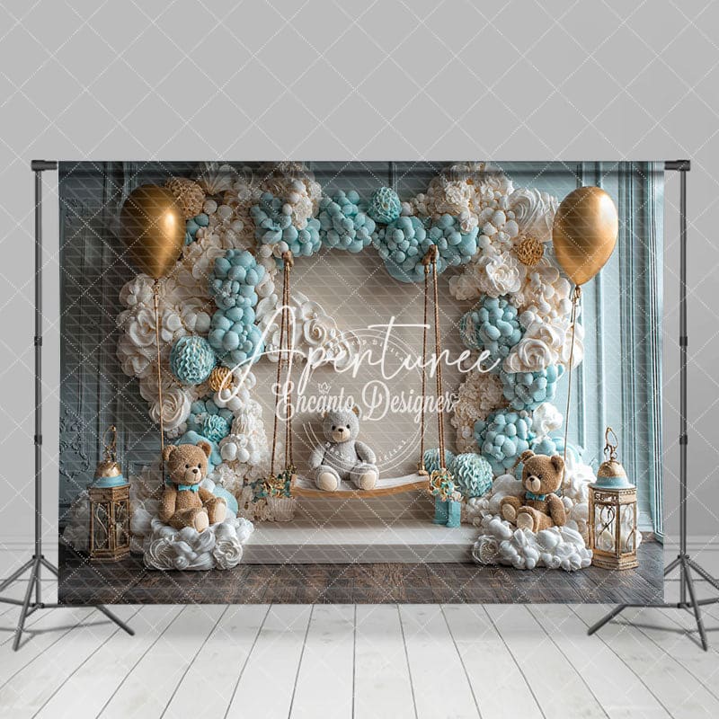 Aperturee - Aperturee Blue Balloon Wall Bear Cake Smash Photo Backdrop