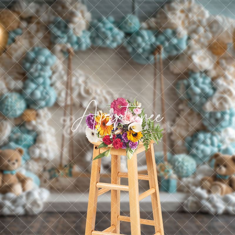 Aperturee - Aperturee Blue Balloon Wall Bear Cake Smash Photo Backdrop