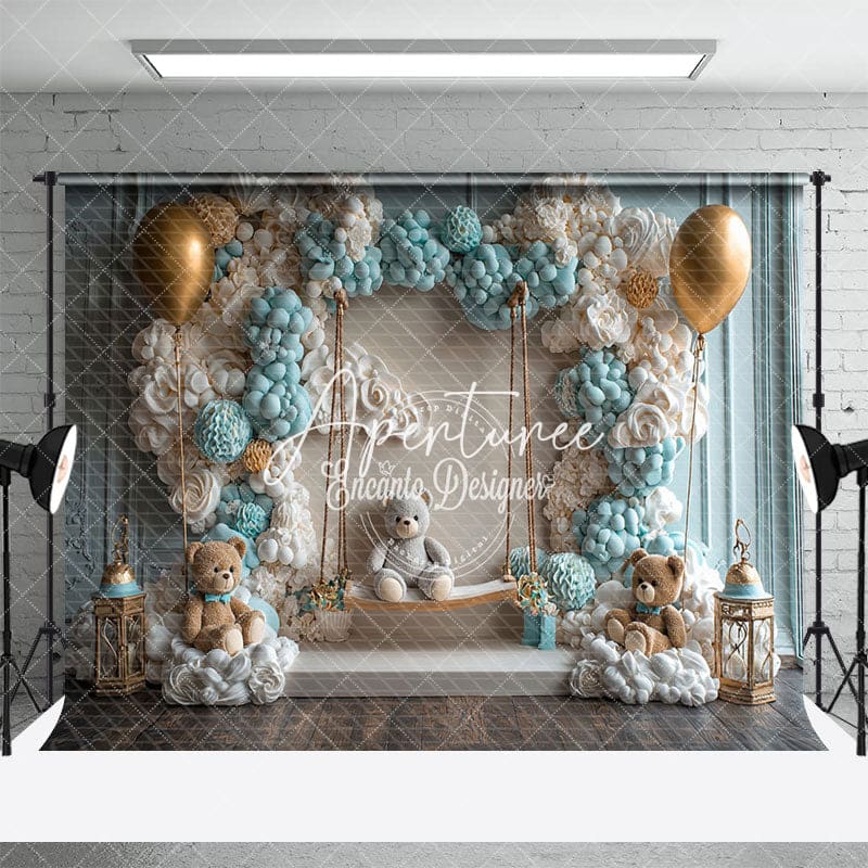 Aperturee - Aperturee Blue Balloon Wall Bear Cake Smash Photo Backdrop