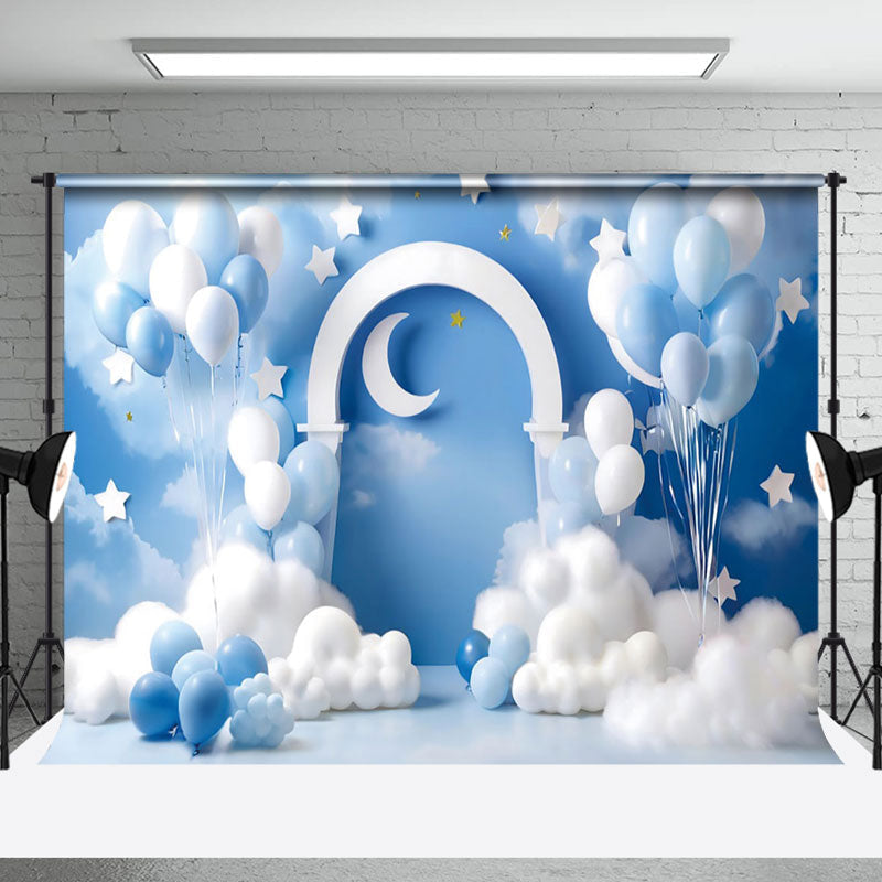 Aperturee - Aperturee Blue Balloons Birthday Cake Smash Photography Backdrop