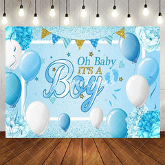 Aperturee - Aperturee Blue Balloons Floral Its A Boy Baby Shower Backdrop