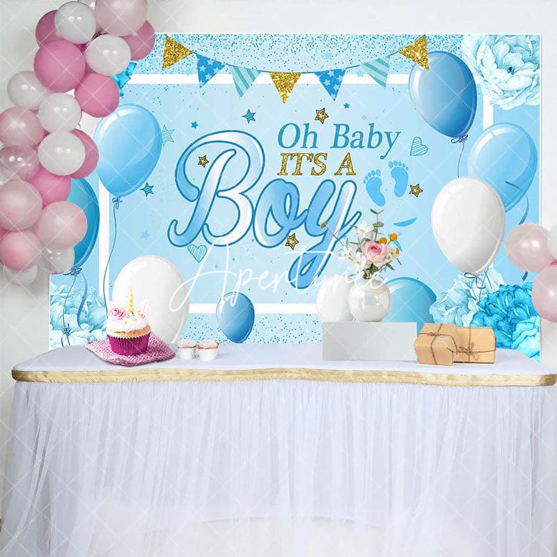 Aperturee - Aperturee Blue Balloons Floral Its A Boy Baby Shower Backdrop