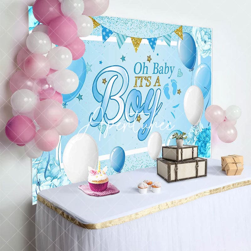 Aperturee - Aperturee Blue Balloons Floral Its A Boy Baby Shower Backdrop