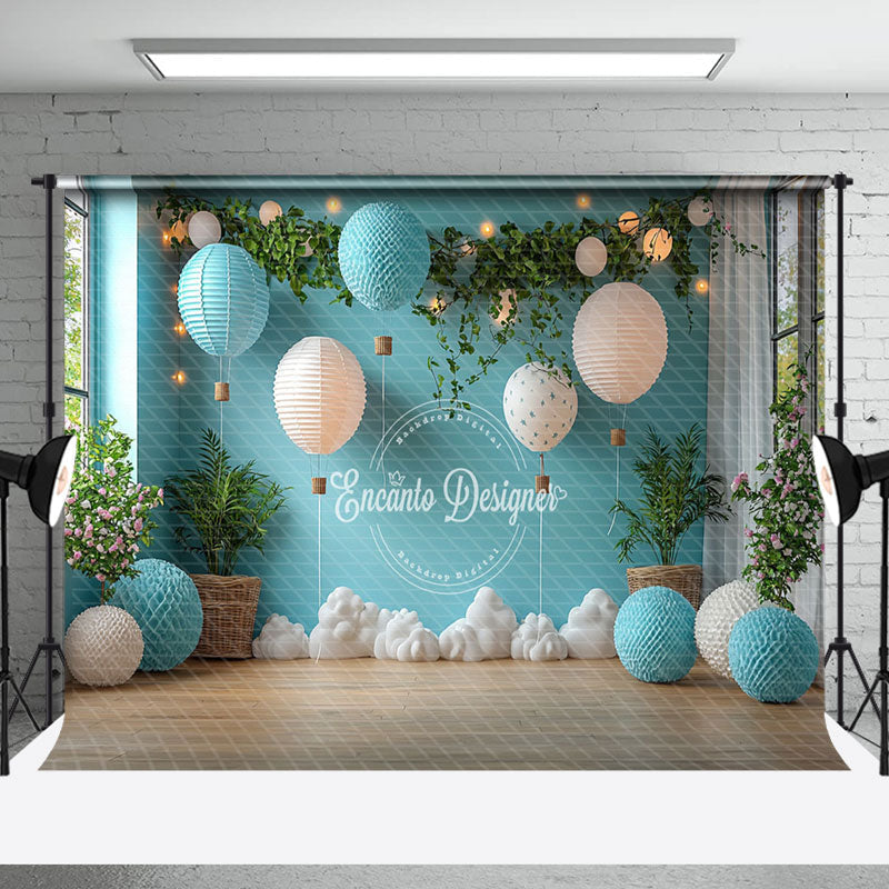 Aperturee - Aperturee Blue Balloons Greenery Clouds Cake Smash Backdrop