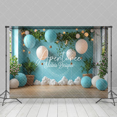 Aperturee - Aperturee Blue Balloons Greenery Clouds Cake Smash Backdrop