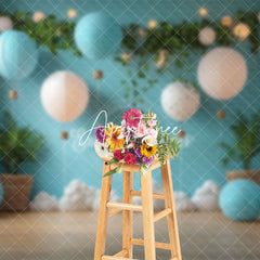 Aperturee - Aperturee Blue Balloons Greenery Clouds Cake Smash Backdrop