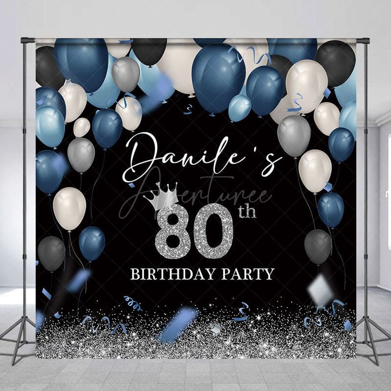 Aperturee - Aperturee Blue Black Balloons Custom Name 80th Birthday Backdrop