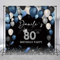 Aperturee - Aperturee Blue Black Balloons Custom Name 80th Birthday Backdrop