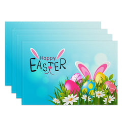 Aperturee - Aperturee Blue Bokeh Floral Bunny Easter Set Of 4 Placemats