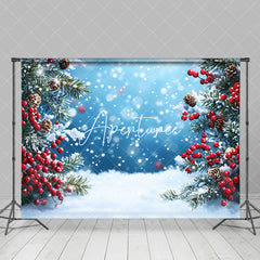 Aperturee - Aperturee Blue Bokeh Snow Cherry Pine Leaves Christmas Backdrop