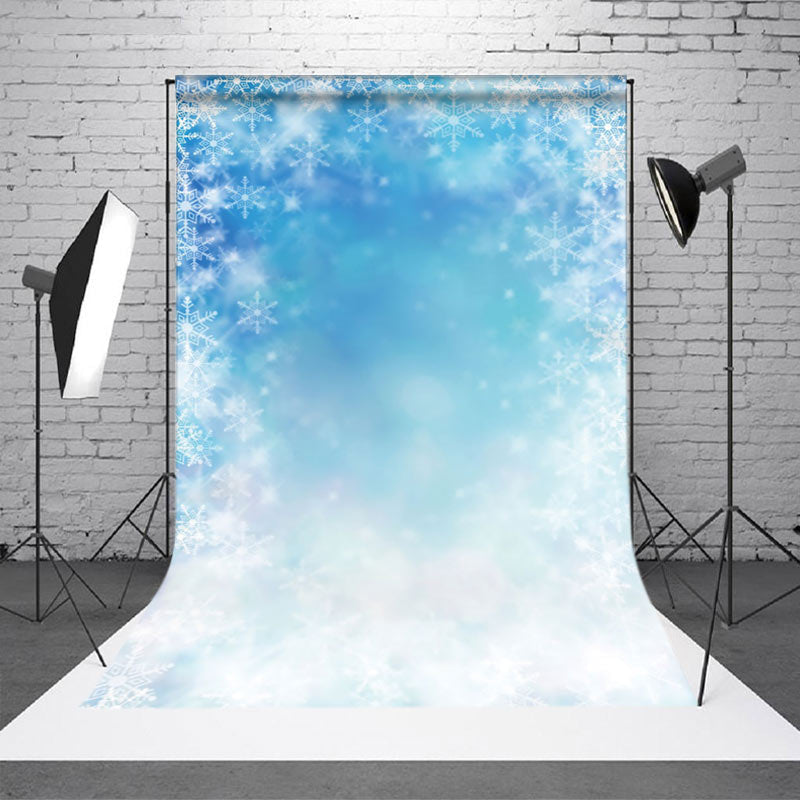 Aperturee - Aperturee Blue Bokeh Snowflake Winter Scenery Sweep Backdrop