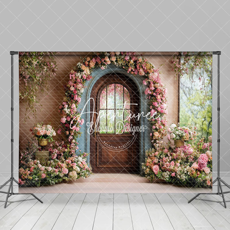 Aperturee - Aperturee Blue Brown Door Floral Plant Wedding Photo Backdrop