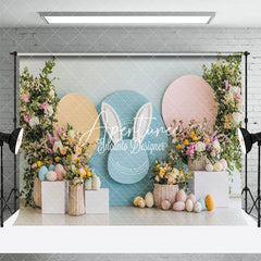 Aperturee - Aperturee Blue Bunny Ear Floral Eggs Easter Photo Backdrop