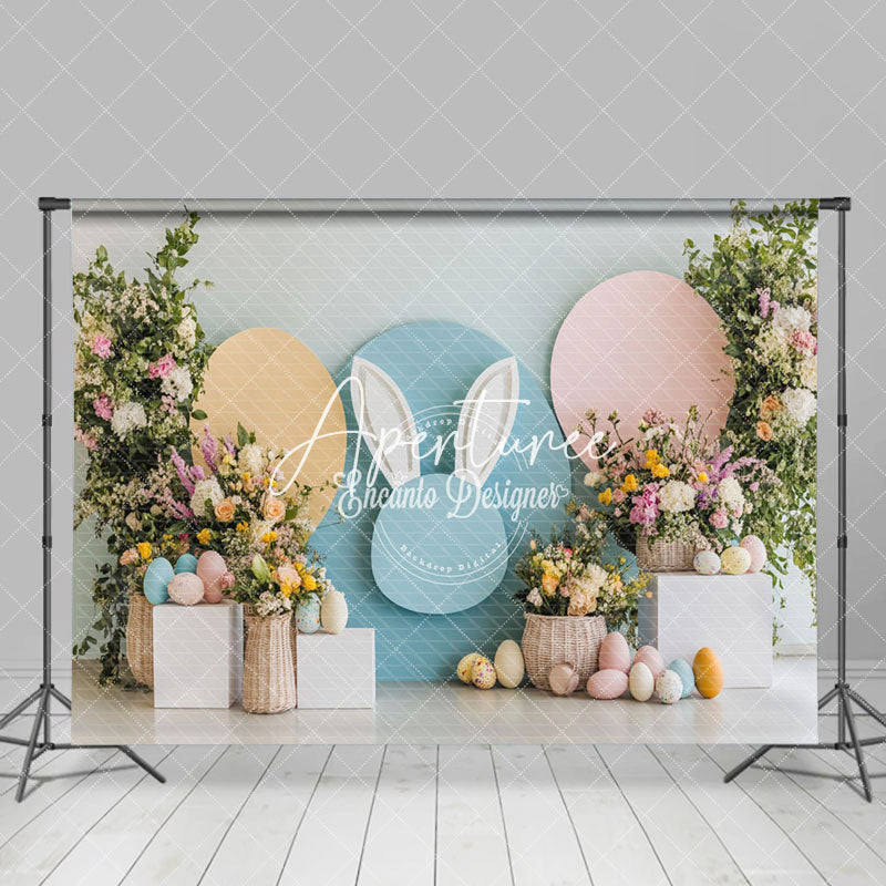 Aperturee - Aperturee Blue Bunny Ear Floral Eggs Easter Photo Backdrop