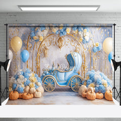 Aperturee - Aperturee Blue Carriage Floral Pumpkins Cake Smash Backdrop