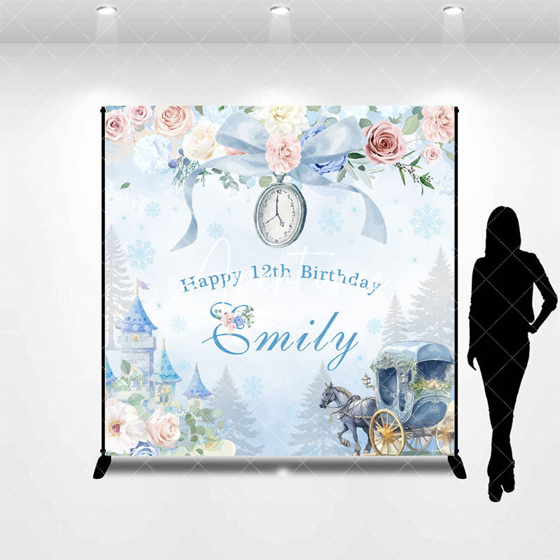 Aperturee - Aperturee Blue Castle Floral Custom Name 12th Birthday Backdrop