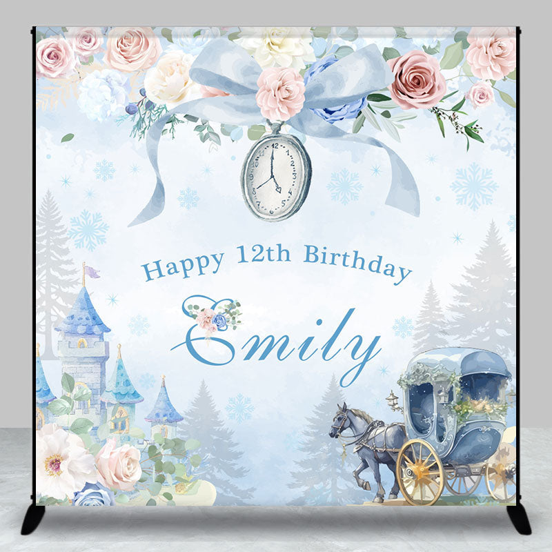 Aperturee - Aperturee Blue Castle Floral Custom Name 12th Birthday Backdrop