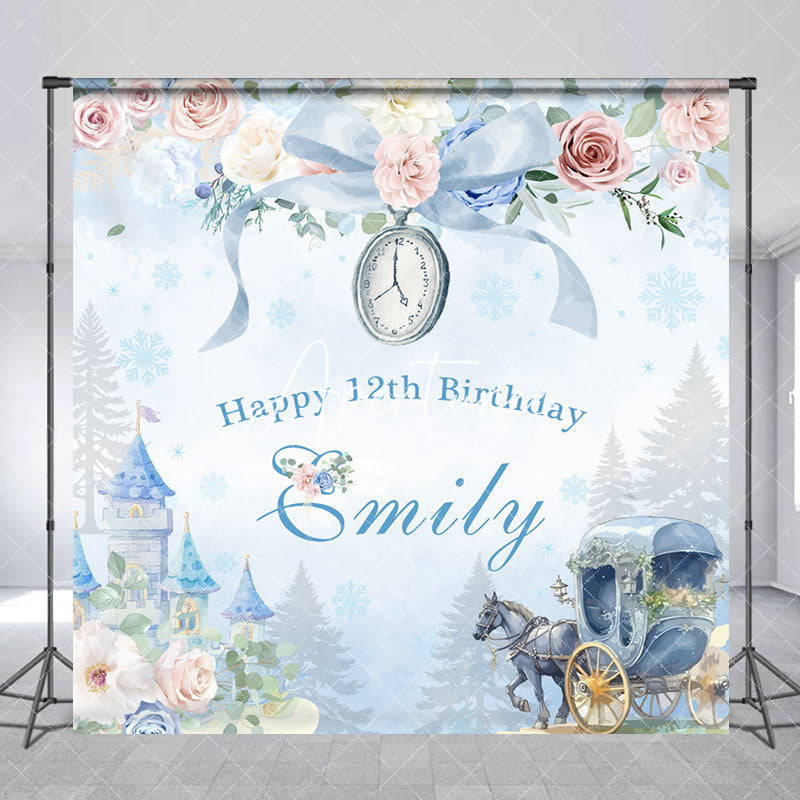 Aperturee - Aperturee Blue Castle Floral Custom Name 12th Birthday Backdrop