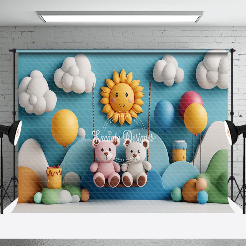 Aperturee - Aperturee Blue Cloud Mountain Swing Bear Cake Smash Backdrop