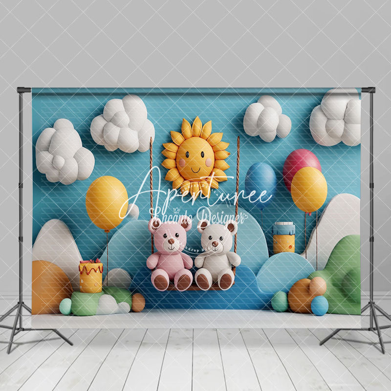 Aperturee - Aperturee Blue Cloud Mountain Swing Bear Cake Smash Backdrop