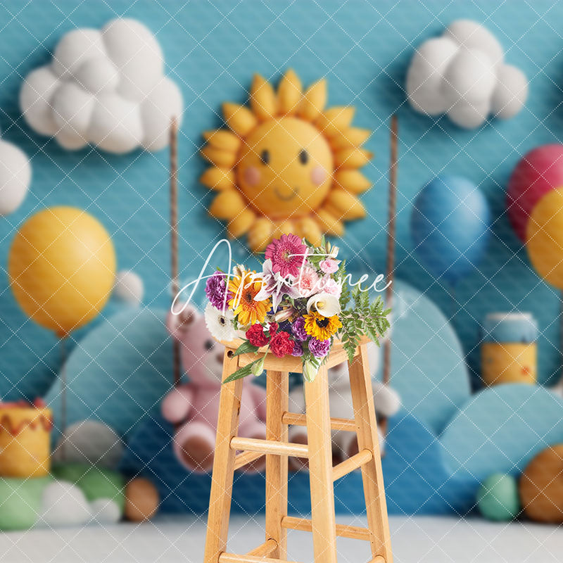 Aperturee - Aperturee Blue Cloud Mountain Swing Bear Cake Smash Backdrop