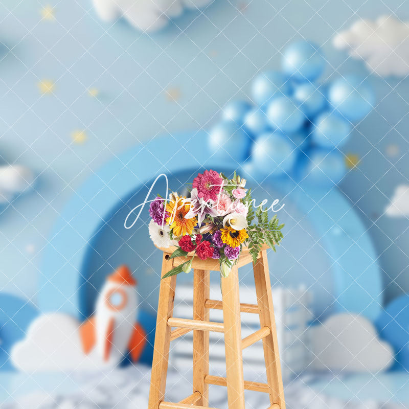 Aperturee - Aperturee Blue Cloud Sky Balloons Rocket Cake Smash Backdrop