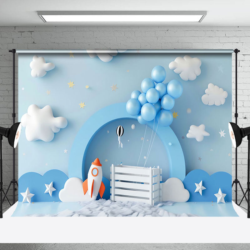 Aperturee - Aperturee Blue Cloud Sky Balloons Rocket Cake Smash Backdrop