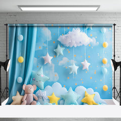 Aperturee - Aperturee Blue Cloud Sky Curtain Bear Star Cake Smash Backdrop