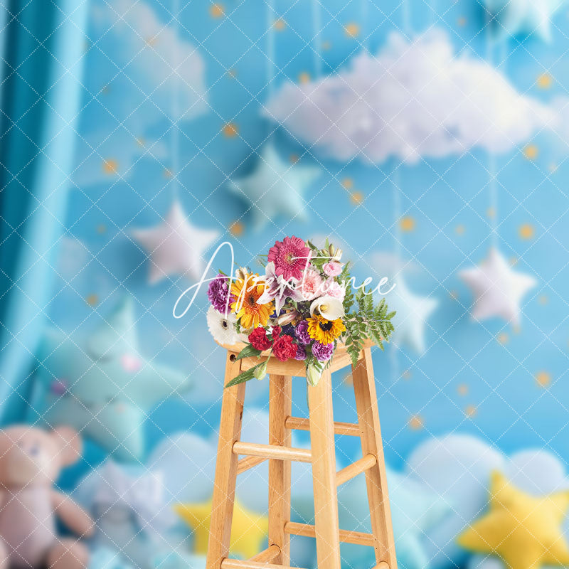 Aperturee - Aperturee Blue Cloud Sky Curtain Bear Star Cake Smash Backdrop