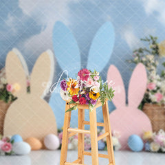 Aperturee - Aperturee Blue Cloud Wall Bunny Ear Floral Eggs Easter Backdrop