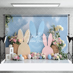 Aperturee - Aperturee Blue Cloud Wall Bunny Ear Floral Eggs Easter Backdrop