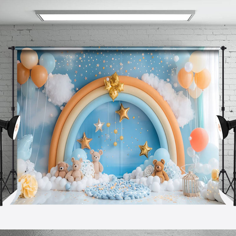 Aperturee - Aperturee Blue Cloud Wall Rainbow Arch Bear Cake Smash Backdrop