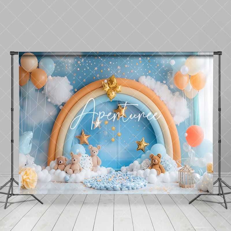 Aperturee - Aperturee Blue Cloud Wall Rainbow Arch Bear Cake Smash Backdrop