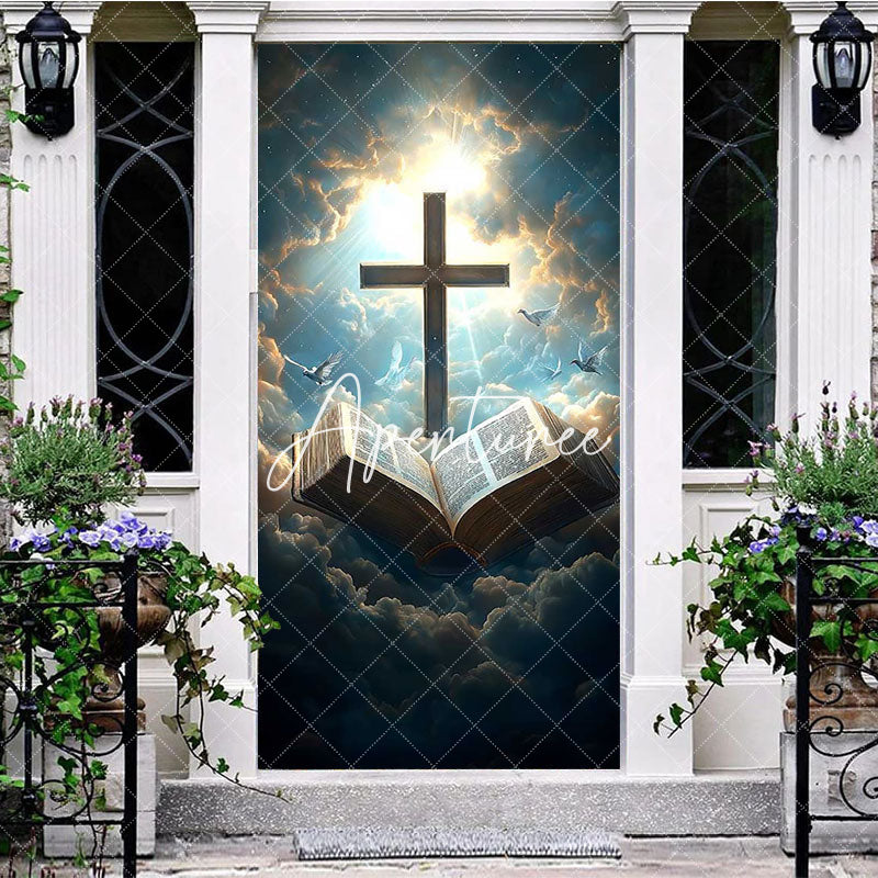 Aperturee - Aperturee Blue Clouds Sunlight Cross Bible Easter Door Cover