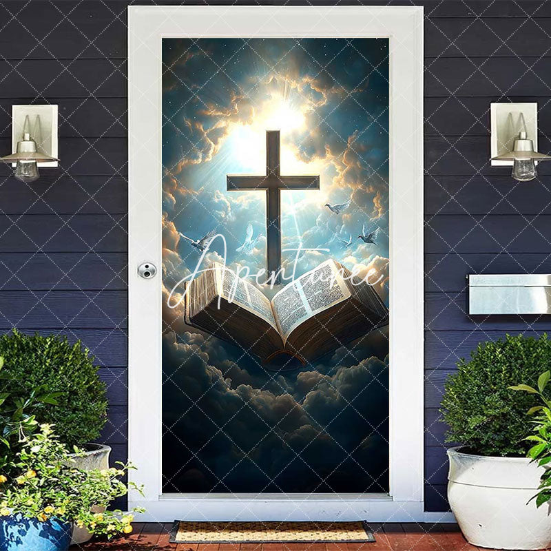 Aperturee - Aperturee Blue Clouds Sunlight Cross Bible Easter Door Cover