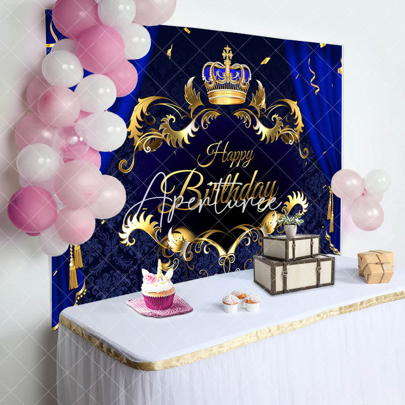 Aperturee - Aperturee Blue Curtain Royal Crown Ribbons Birthday Backdrop