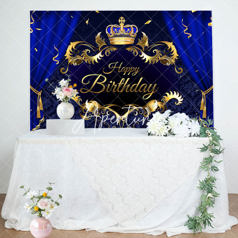 Aperturee - Aperturee Blue Curtain Royal Crown Ribbons Birthday Backdrop