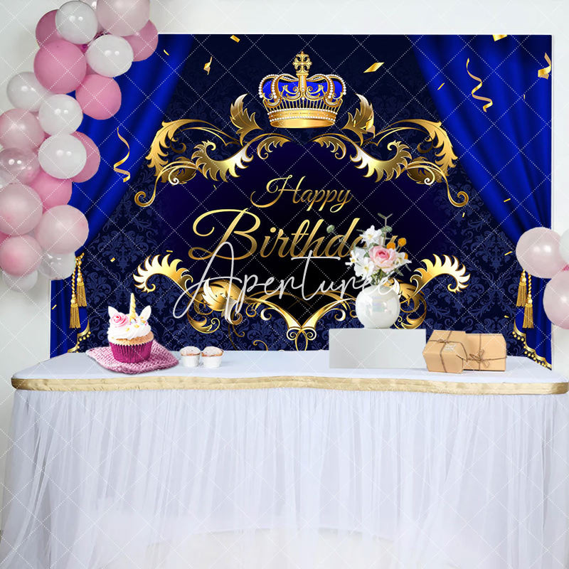 Aperturee - Aperturee Blue Curtain Royal Crown Ribbons Birthday Backdrop