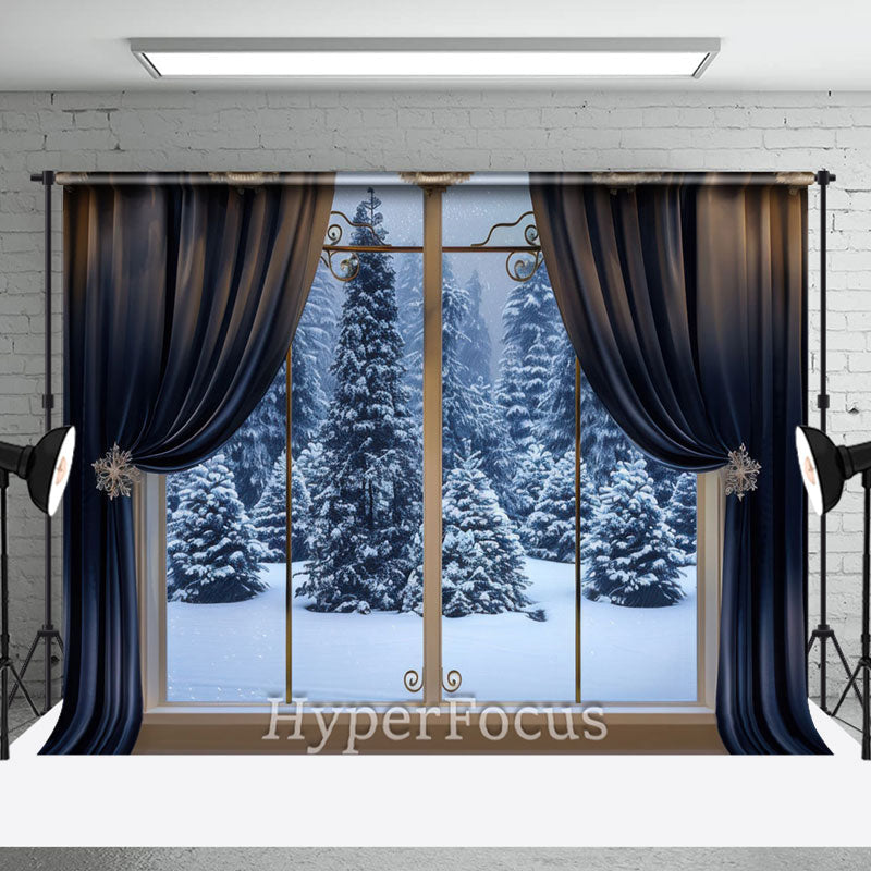 Aperturee - Aperturee Blue Curtain Window Forest Scene Winter Backdrop